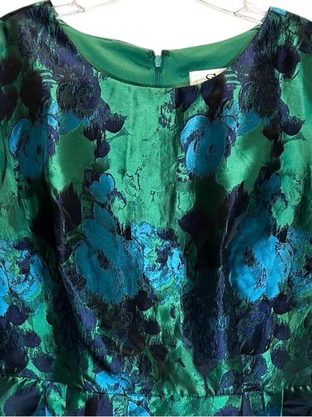Green and Blue Fit & Flare Floral Satin Damask Midi Cocktail Dress - Size 14 - Picture 4 of 7